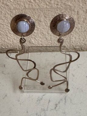 Abstract Sterling Silver Dangle Earrings with Blue Lace Agate Cabochons Vintage!